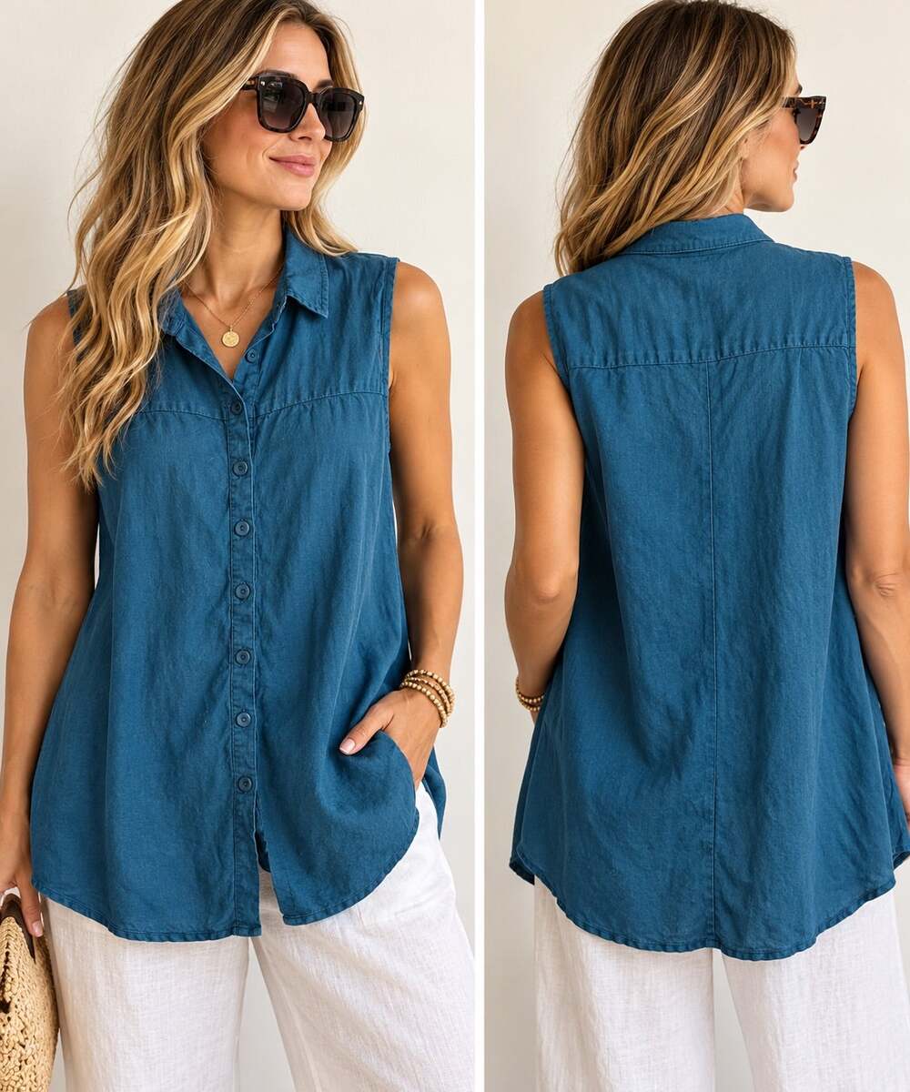 FLAX 100% Linen Sleeveless Button Down Tunic Top Teal Blue Women's Medium